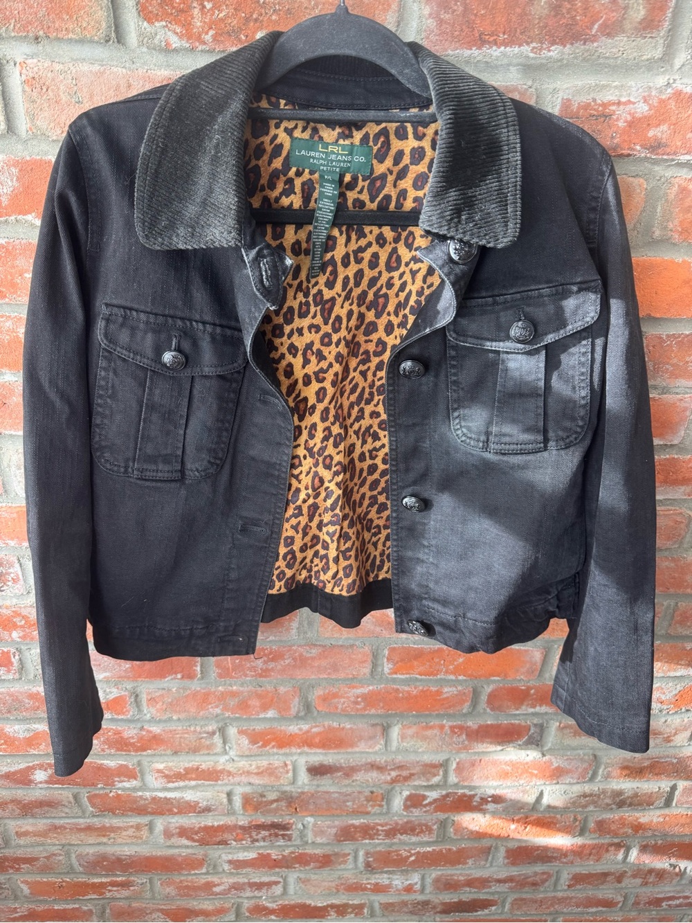 Vintage Ralph Lauren LRL Black Denim Utility Barn Jacket Leopard Trim PL